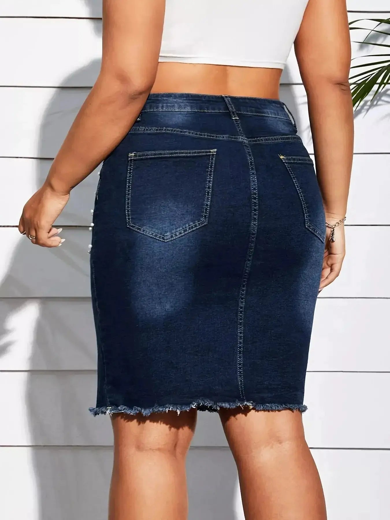 Plus Size Pearl Embellished Frayed Hem Denim Skirt - Plush Fashion Hub