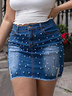 Plus Size Pearl Embellished Denim Skirt - Plush Fashion Hub