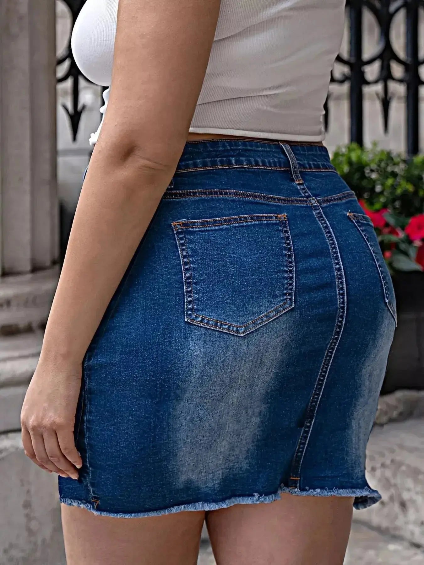 Plus Size Pearl Embellished Denim Skirt - Plush Fashion Hub
