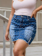 Plus Size Pearl Embellished Denim Skirt - Plush Fashion Hub