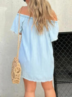 Full Size Raw Hem Mini Denim Dress Plus Size - Plush Fashion Hub