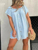 Full Size Raw Hem Mini Denim Dress Plus Size - Plush Fashion Hub