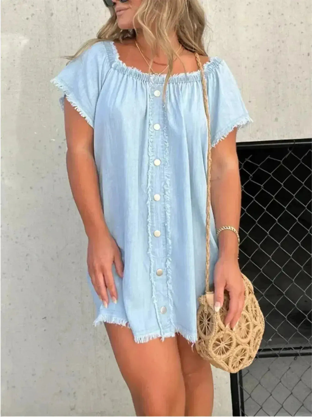 Full Size Raw Hem Mini Denim Dress Plus Size - Plush Fashion Hub