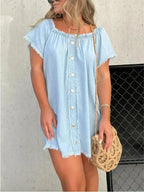 Full Size Raw Hem Mini Denim Dress Plus Size - Plush Fashion Hub