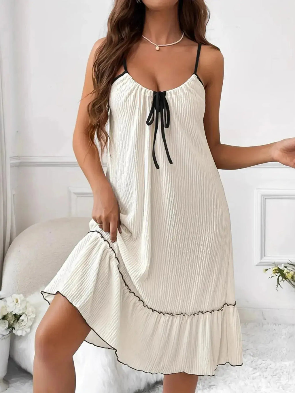 Full Size Tiered Ruffled Lounge Dress with Contrast Trim Plus Size - Plush Fashion Hub
