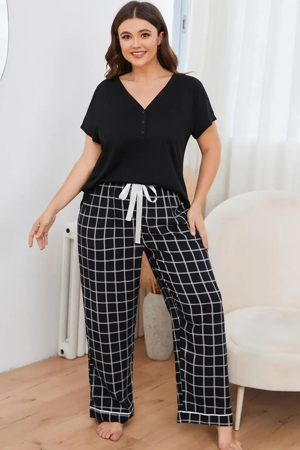 Plus Size V-Neck Top and Plaid Pants Lounge Set - Plush Fashion Hub
