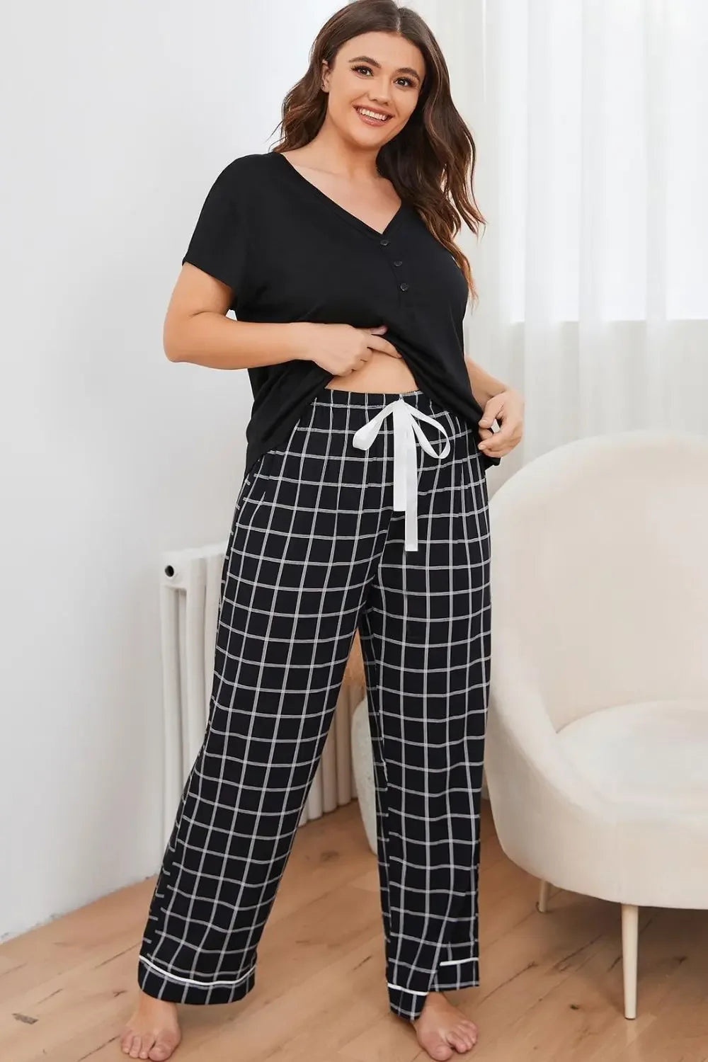 Plus Size V-Neck Top and Plaid Pants Lounge Set - Plush Fashion Hub