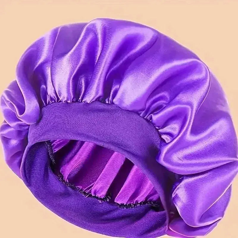 Plush Fashion Hub premium satin sleep bonnet with wide comfort band, designed for hair protection during sleep.