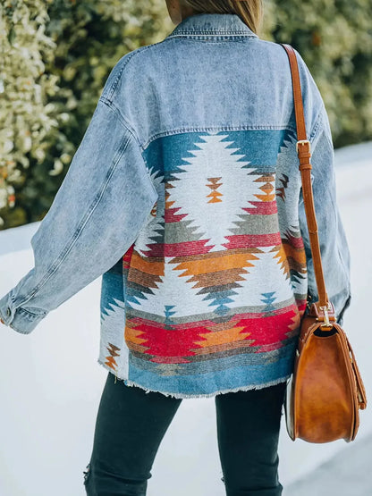 Printed Botton Down Long Sleeve Denim Jacket - Plush Fashion Hub