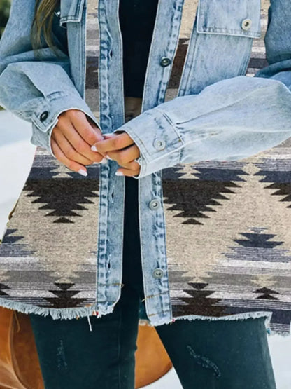Printed Botton Down Long Sleeve Denim Jacket - Plush Fashion Hub