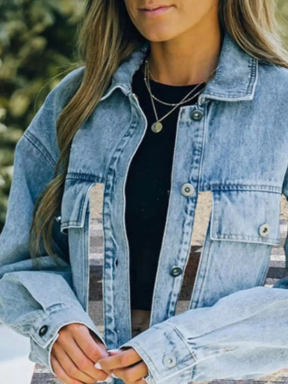 Printed Botton Down Long Sleeve Denim Jacket - Plush Fashion Hub