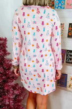 Printed Collared Neck Long Sleeve Lounge Dress - Plush Fashion Hub