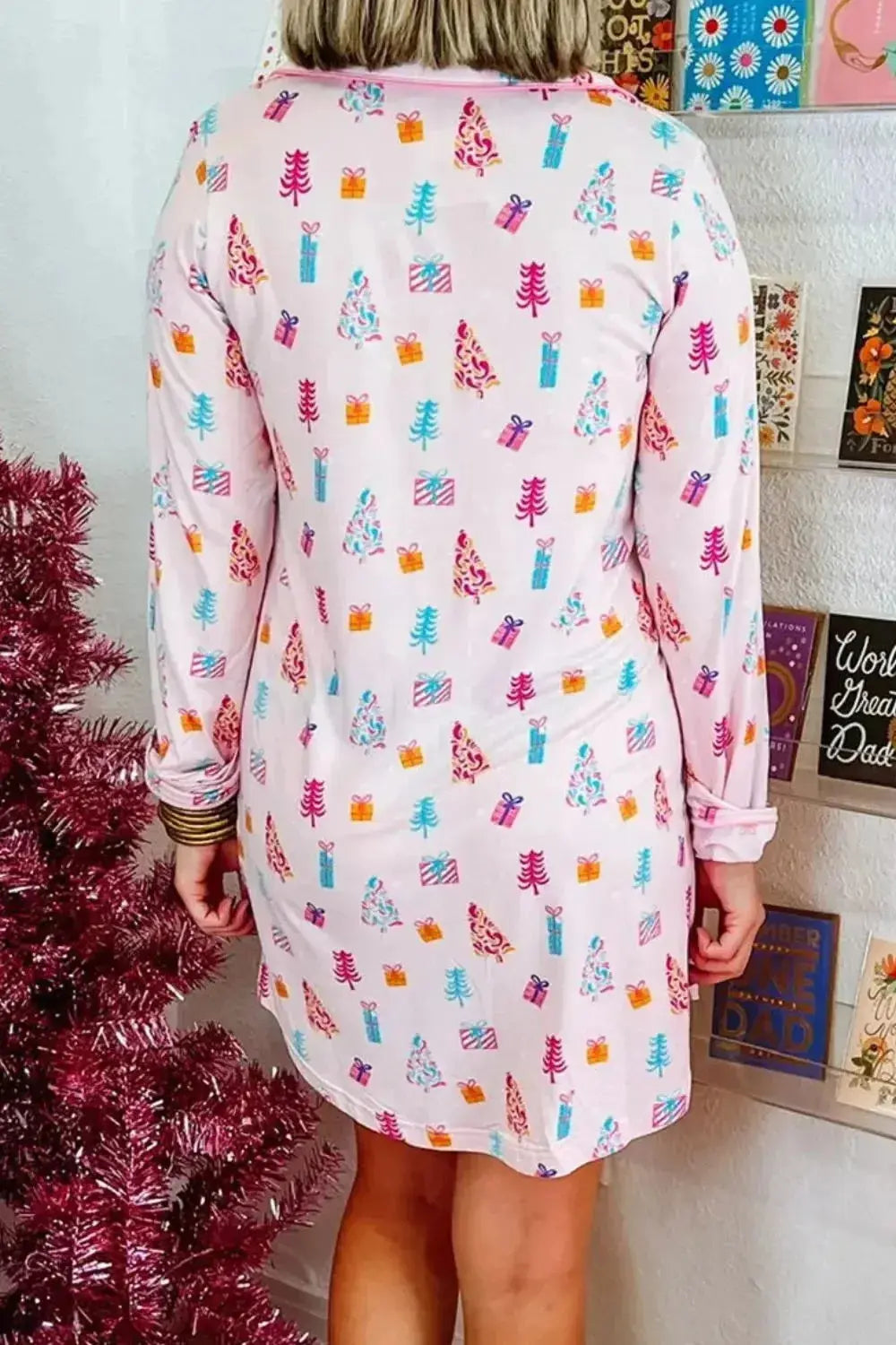 Printed Collared Neck Long Sleeve Lounge Dress - Plush Fashion Hub