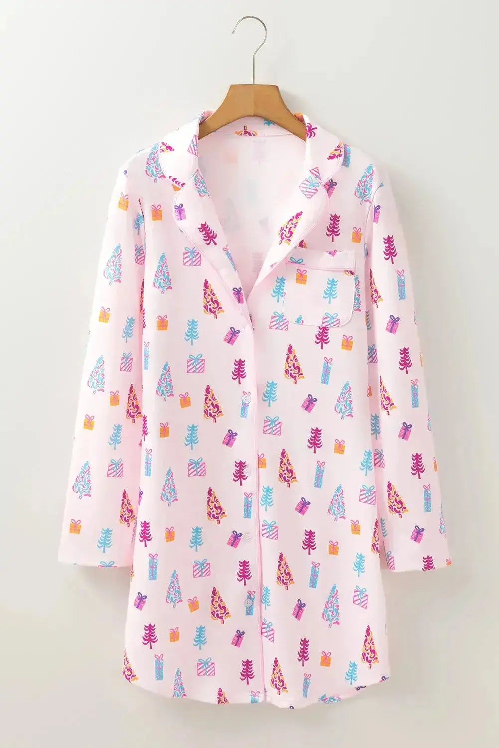Printed Collared Neck Long Sleeve Lounge Dress - Plush Fashion Hub
