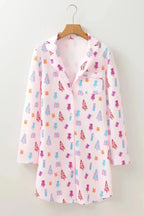 Printed Collared Neck Long Sleeve Lounge Dress - Plush Fashion Hub