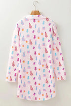 Printed Collared Neck Long Sleeve Lounge Dress - Plush Fashion Hub