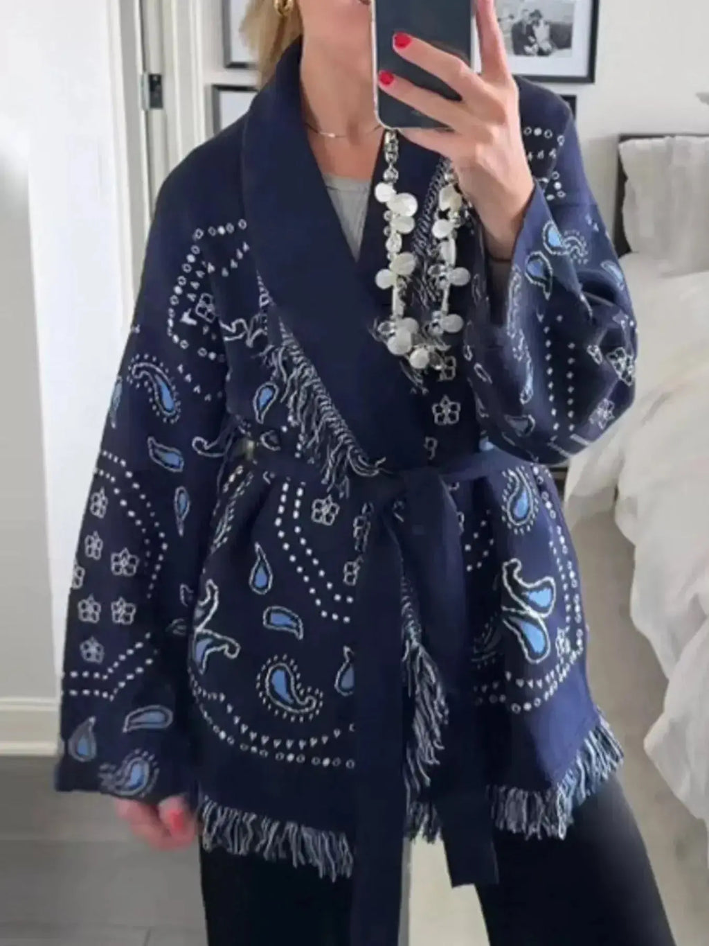 Printed Fringe Long Sleeve Cardigan - Plush Fashion Hub