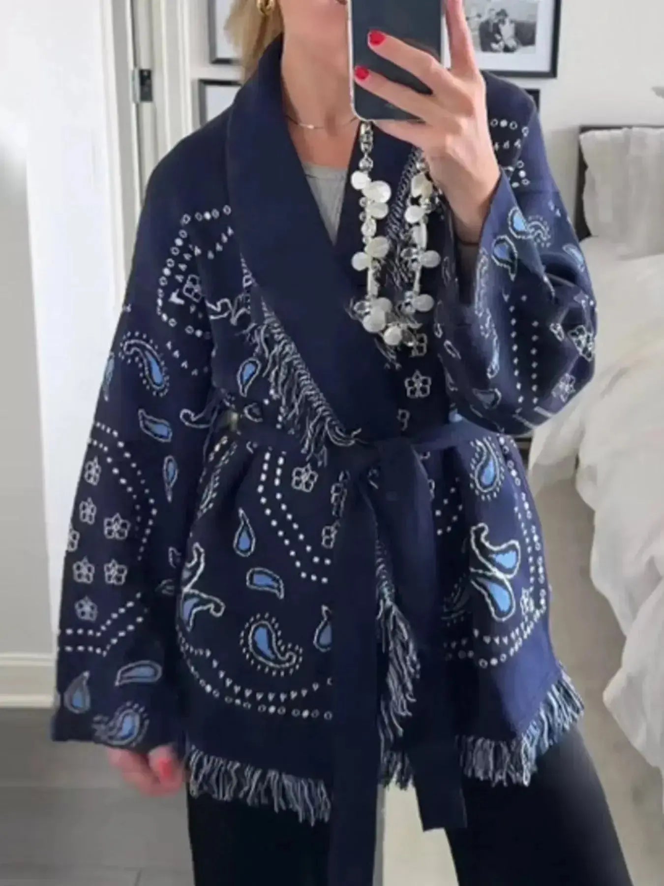 Printed Fringe Long Sleeve Cardigan - Plush Fashion Hub