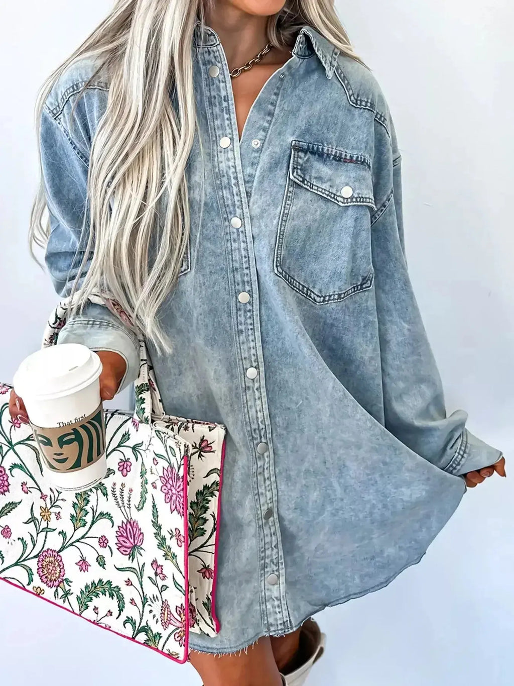 Chest Pocket Raw Hem Denim Loose Shirt Dress - Plush Fashion Hub