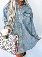 Chest Pocket Raw Hem Denim Loose Shirt Dress - Plush Fashion Hub