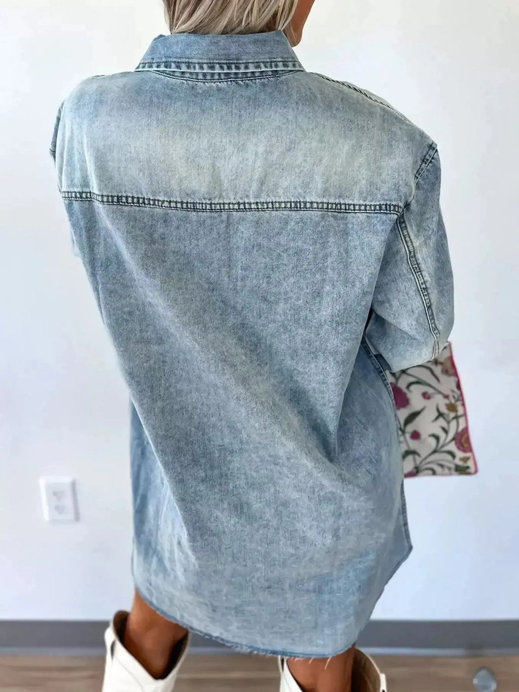 Chest Pocket Raw Hem Denim Loose Shirt Dress - Plush Fashion Hub