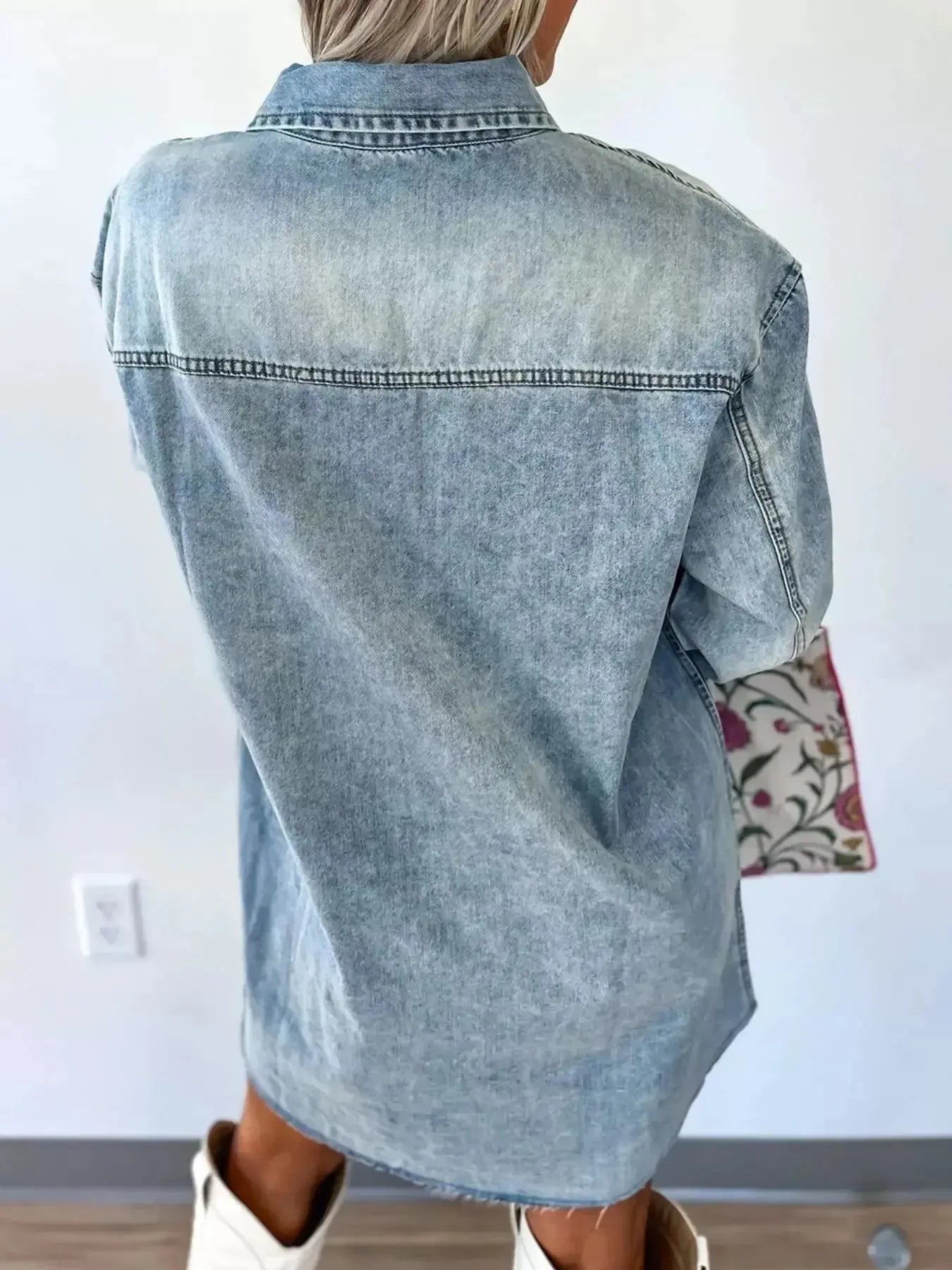 Chest Pocket Raw Hem Denim Loose Shirt Dress - Plush Fashion Hub