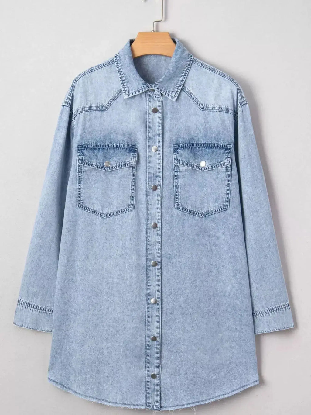 Chest Pocket Raw Hem Denim Loose Shirt Dress - Plush Fashion Hub