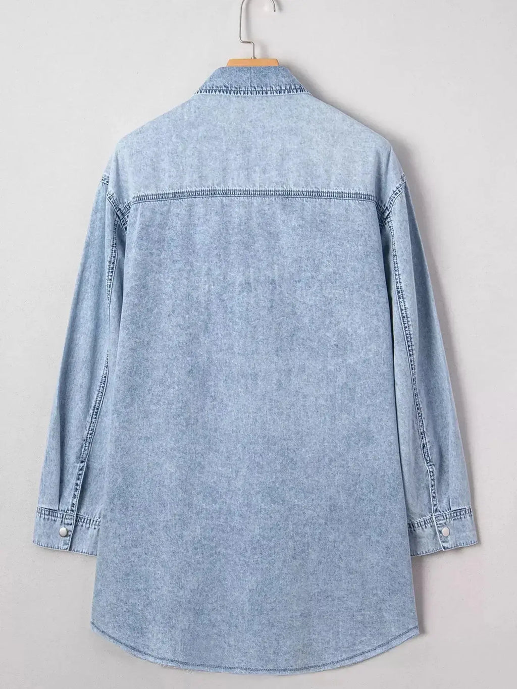 Chest Pocket Raw Hem Denim Loose Shirt Dress - Plush Fashion Hub