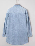 Chest Pocket Raw Hem Denim Loose Shirt Dress - Plush Fashion Hub
