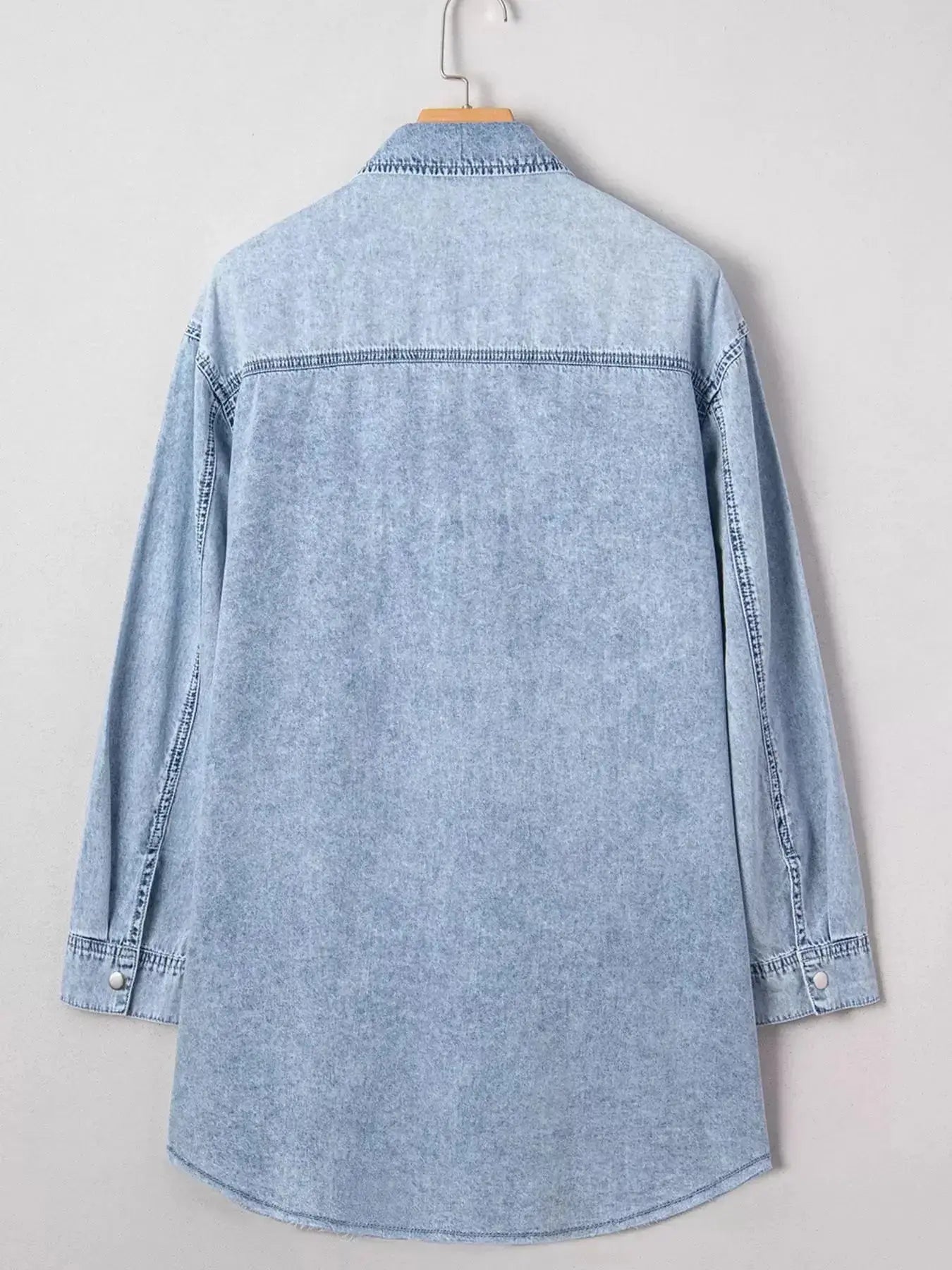 Chest Pocket Raw Hem Denim Loose Shirt Dress - Plush Fashion Hub