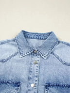 Chest Pocket Raw Hem Denim Loose Shirt Dress - Plush Fashion Hub