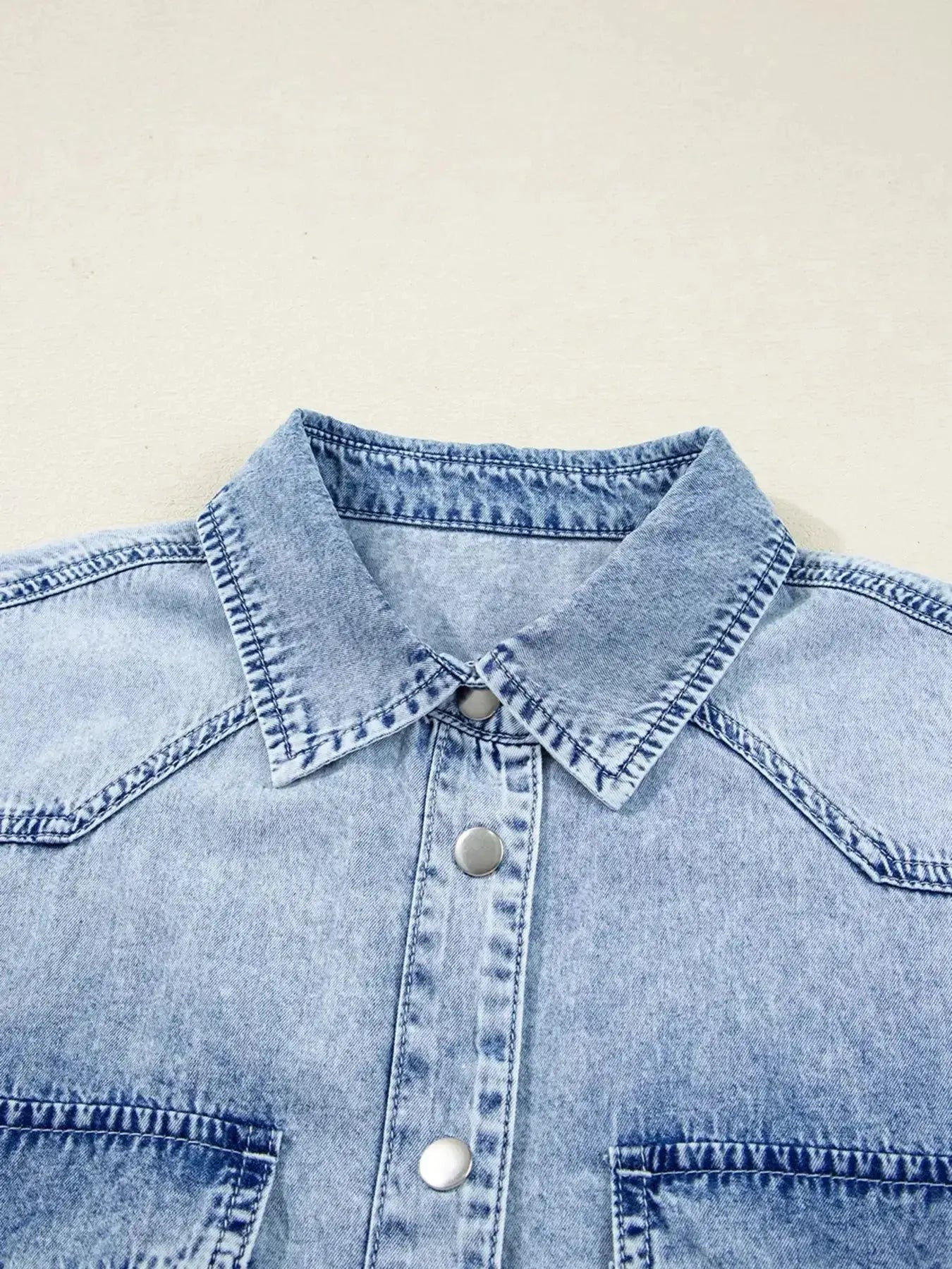 Chest Pocket Raw Hem Denim Loose Shirt Dress - Plush Fashion Hub
