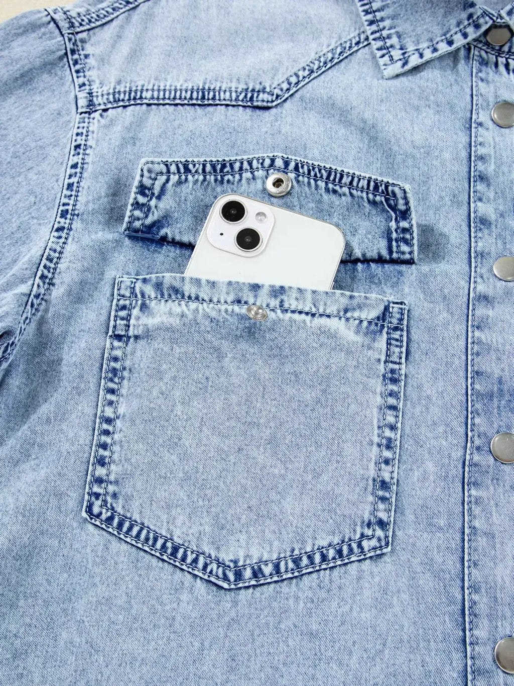 Chest Pocket Raw Hem Denim Loose Shirt Dress - Plush Fashion Hub
