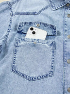 Chest Pocket Raw Hem Denim Loose Shirt Dress - Plush Fashion Hub
