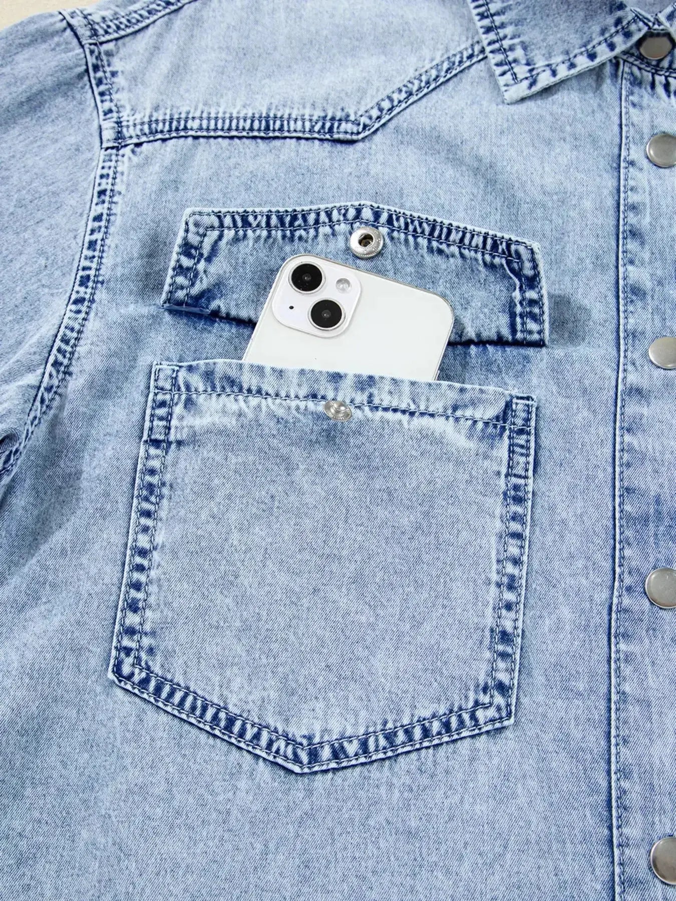 Chest Pocket Raw Hem Denim Loose Shirt Dress - Plush Fashion Hub