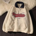 Retro Lapels Embroidery Half Zipper Cashmere Hoodie - Plush Fashion Hub