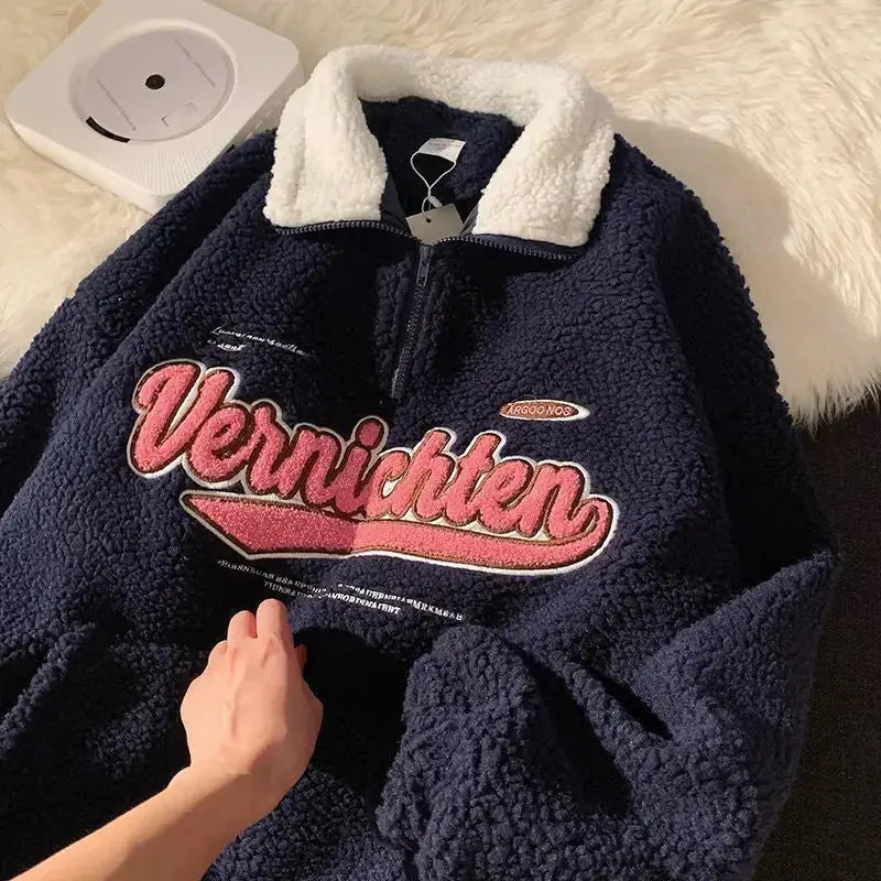 Retro Lapels Embroidery Half Zipper Cashmere Hoodie - Plush Fashion Hub
