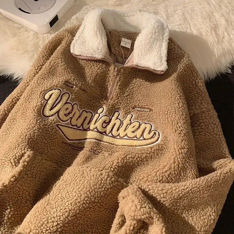 Retro Lapels Embroidery Half Zipper Cashmere Hoodie - Plush Fashion Hub