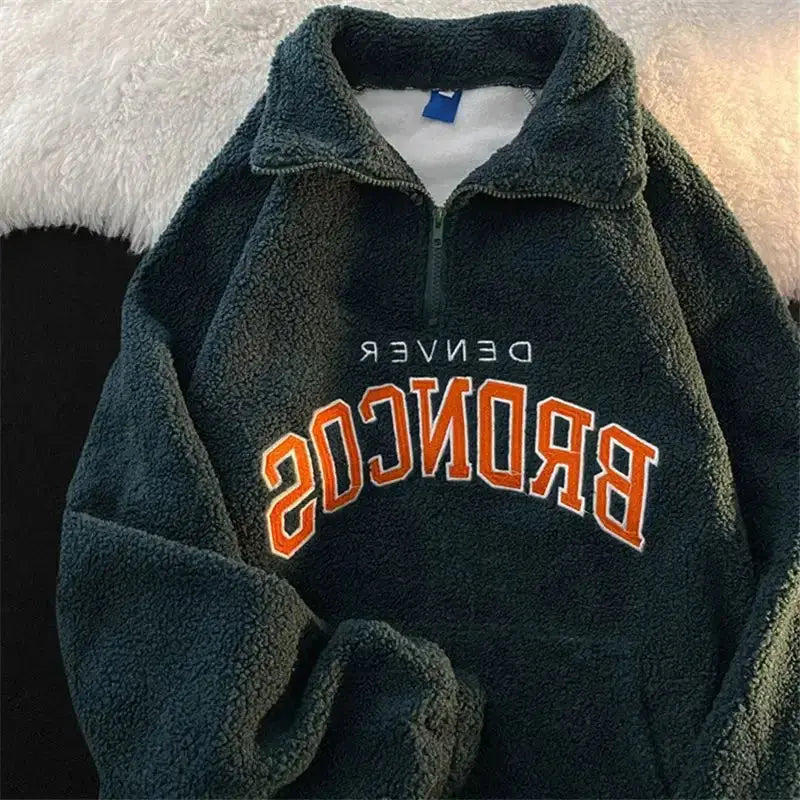 Retro Lapels Embroidery Half Zipper Cashmere Hoodie - Plush Fashion Hub