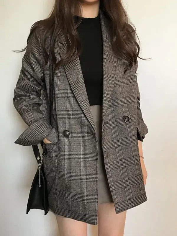 Retro Plaid Lapel Pocket Blazer - Plush Fashion Hub