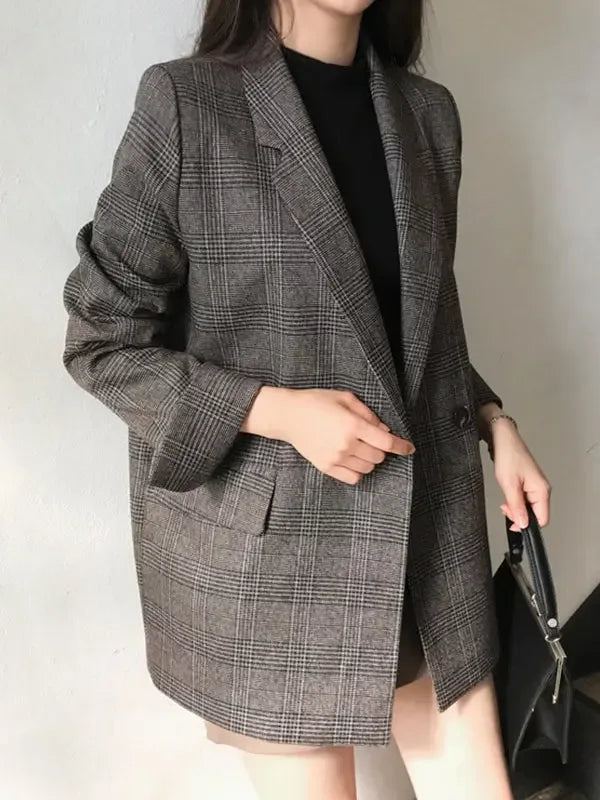 Retro Plaid Lapel Pocket Blazer - Plush Fashion Hub