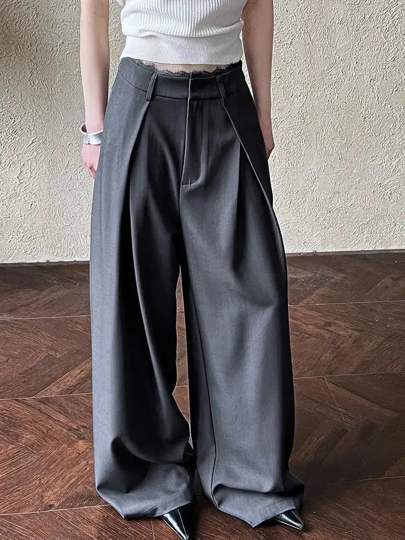 Lace-paneled wide-leg suit pants from Plush Fashion Hub featuring a stylish, vintage-inspired design and high-waisted fit.