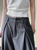 Lace-paneled wide-leg suit pants in denim style with high waist, vintage-inspired design, from Plush Fashion Hub.