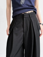 Lace-paneled wide-leg suit pants from Plush Fashion Hub featuring a vintage high-waisted denim design with studded details.