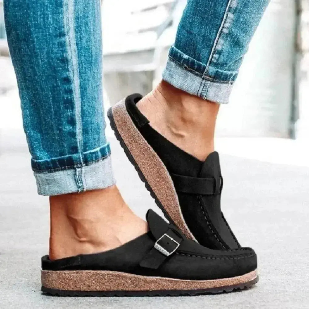 Women's round toe low heel buckle loafers by Plush Fashion Hub, comfortable premium PU dress shoes with stylish design.