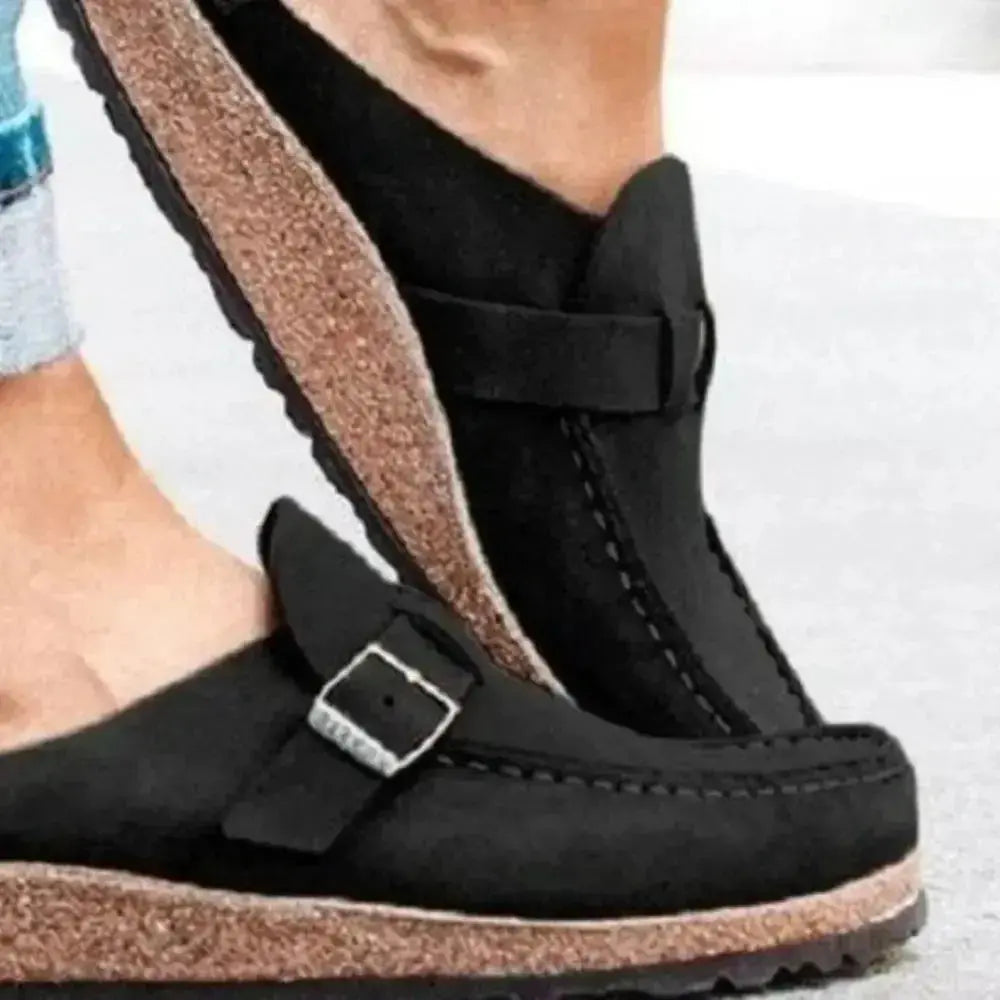 Women’s round toe low heel buckle loafers by Plush Fashion Hub, stylish and comfortable premium PU dress shoes.