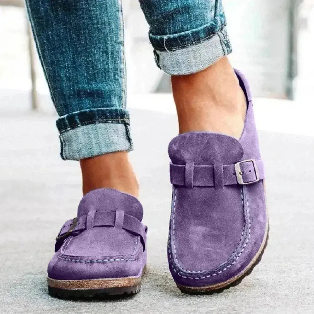 Women's round toe low heel buckle loafers by Plush Fashion Hub, featuring comfortable premium PU material and classic dress shoe style.