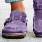 Women's round toe low heel buckle loafers in premium PU from Plush Fashion Hub, stylish and comfortable dress shoes.