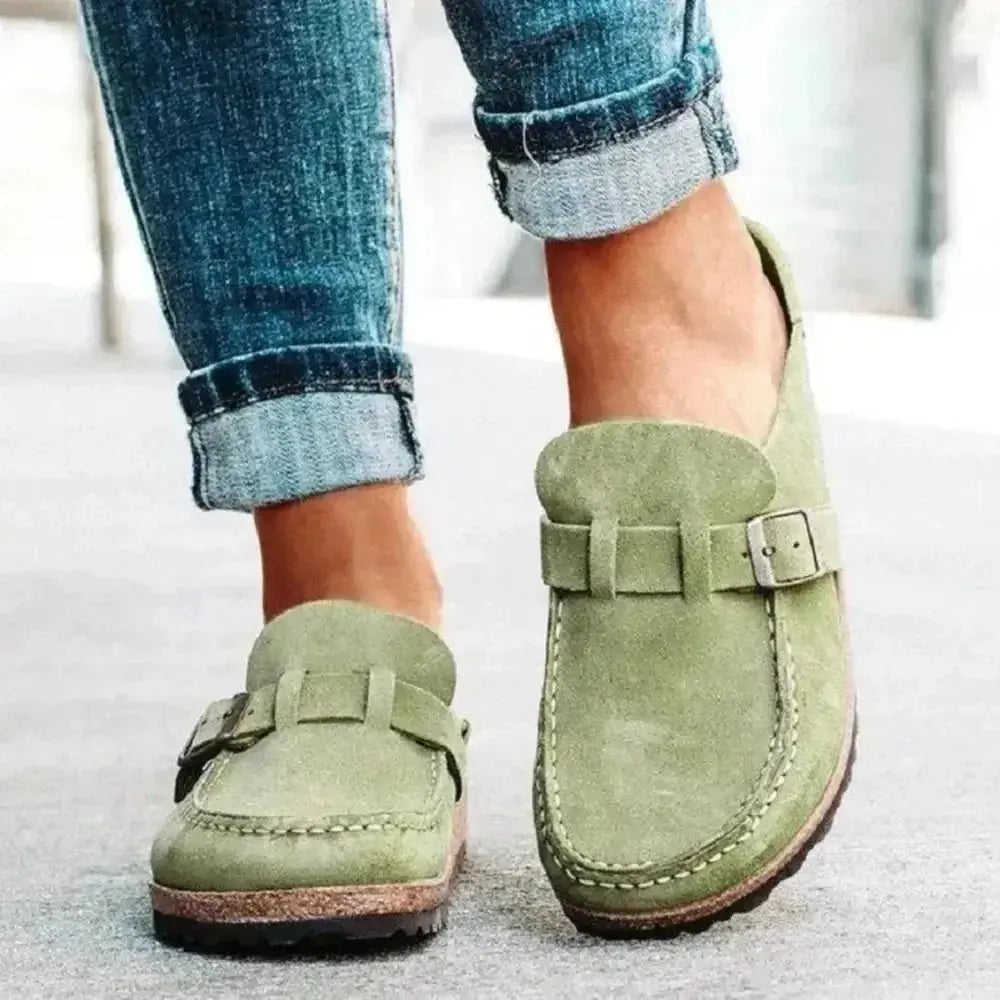 Women's round toe low heel buckle loafers by Plush Fashion Hub, comfortable premium PU dress shoes with stylish design.
