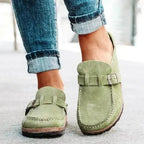 Women's round toe low heel buckle loafers by Plush Fashion Hub, comfortable premium PU dress shoes with stylish design.
